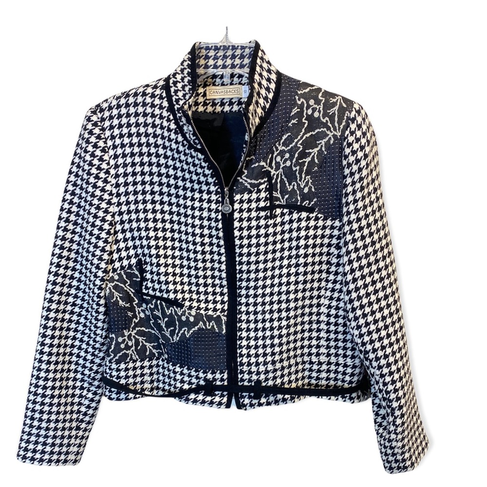 Vintage Canvasback  Black and White Houndstooth Check Floral Blazer Size…